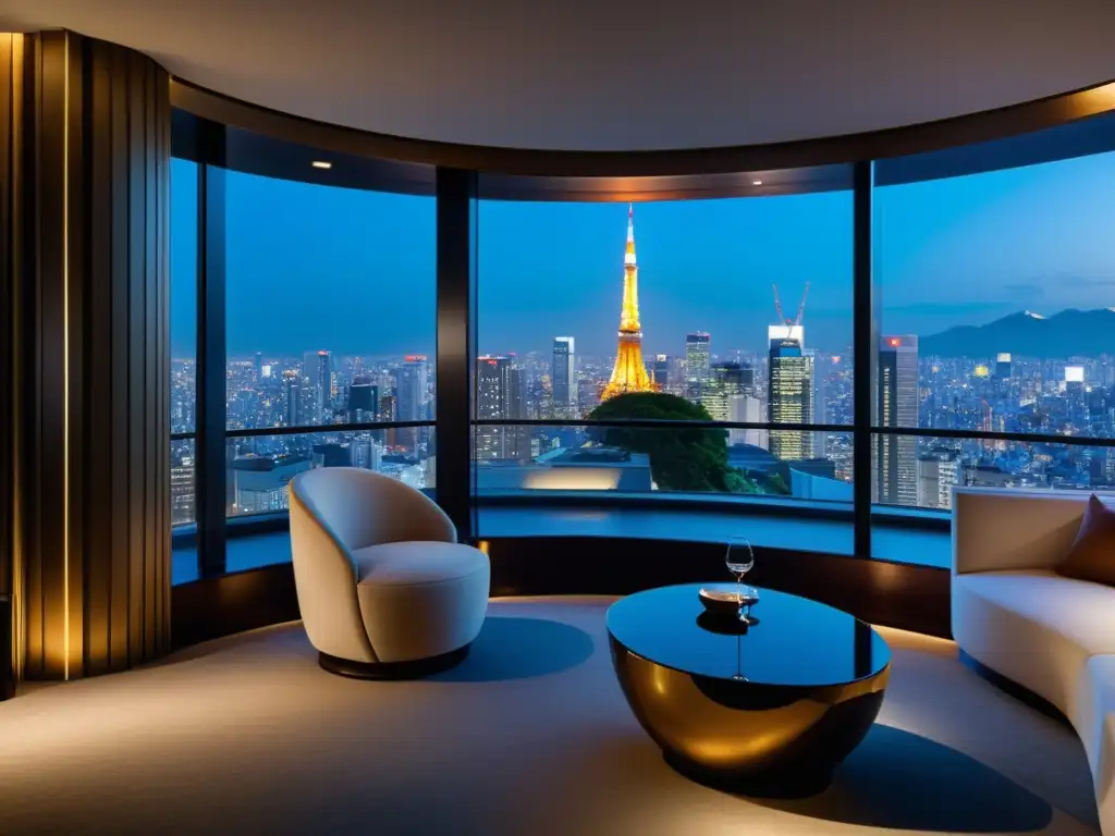 Un elegante penthouse en un hotel de lujo en Tokio, con diseño contemporáneo y espectacular vista urbana