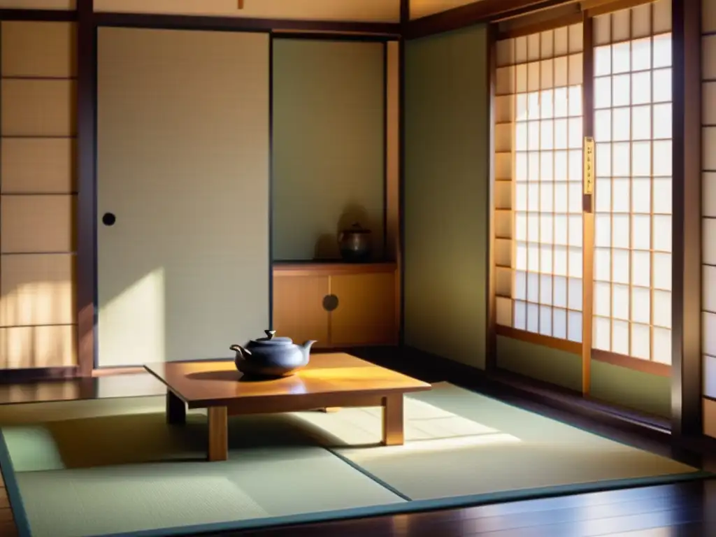 Una elegante sala de ceremonia del té japonesa con tatamis, puertas correderas de papel y utensilios de té