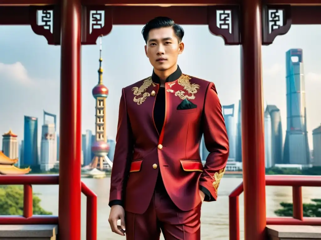 Un elegante traje occidental con estilo Shanghai en seda roja, con motivos chinos y fondo de la moderna ciudad