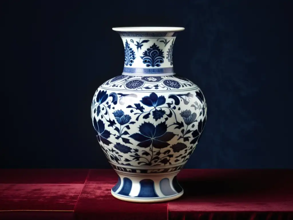 Una elegante vasija de porcelana de la dinastía Ming con patrones florales azules y blancos, muestra la influencia del arte asiático en Occidente