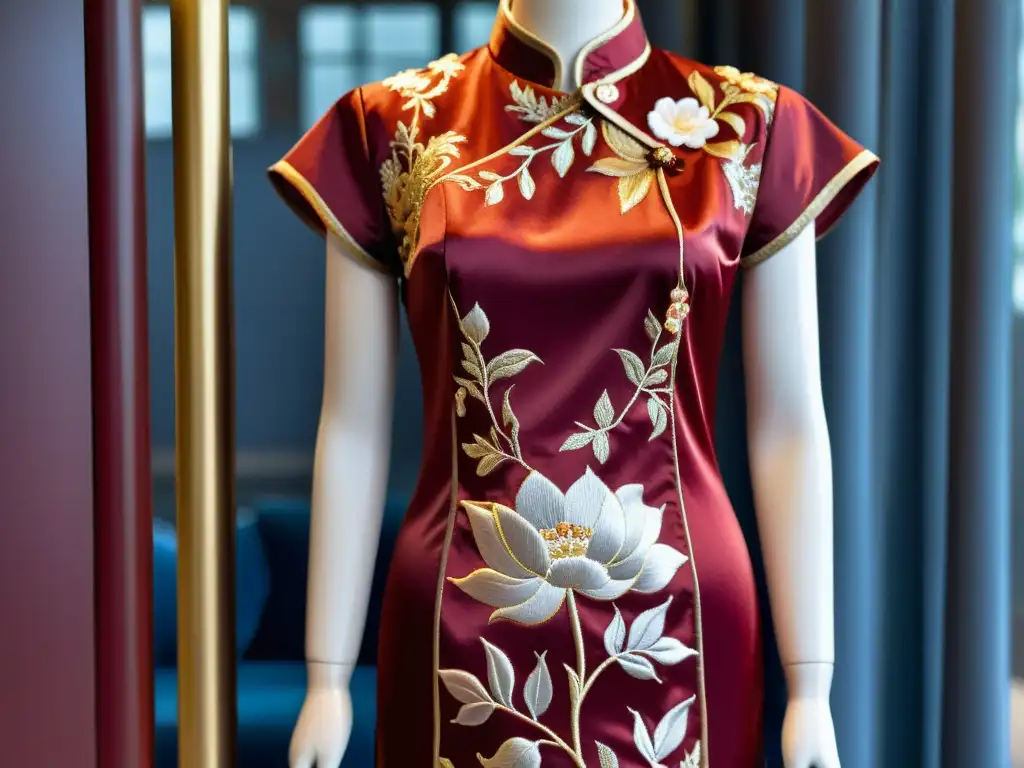 Un elegante vestido Qipao de seda en color carmesí, con bordados florales en hilo dorado y plateado