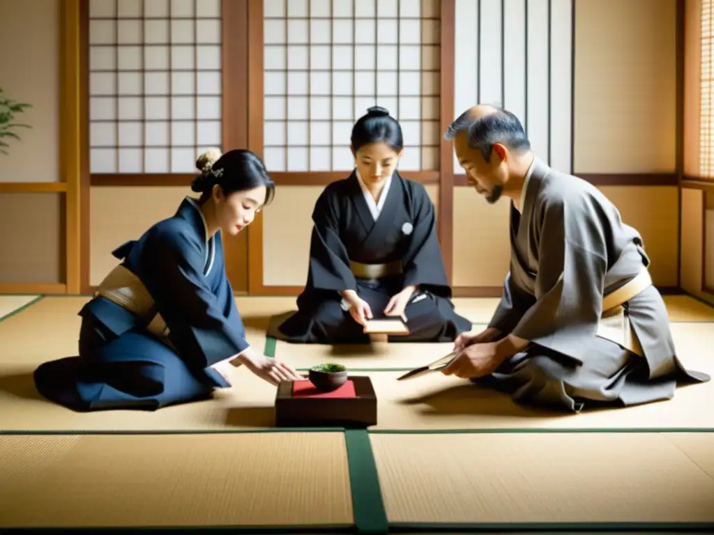 Elegantes ejecutivos japoneses intercambian tarjetas en una sala de tatami serena, iluminada por luz natural