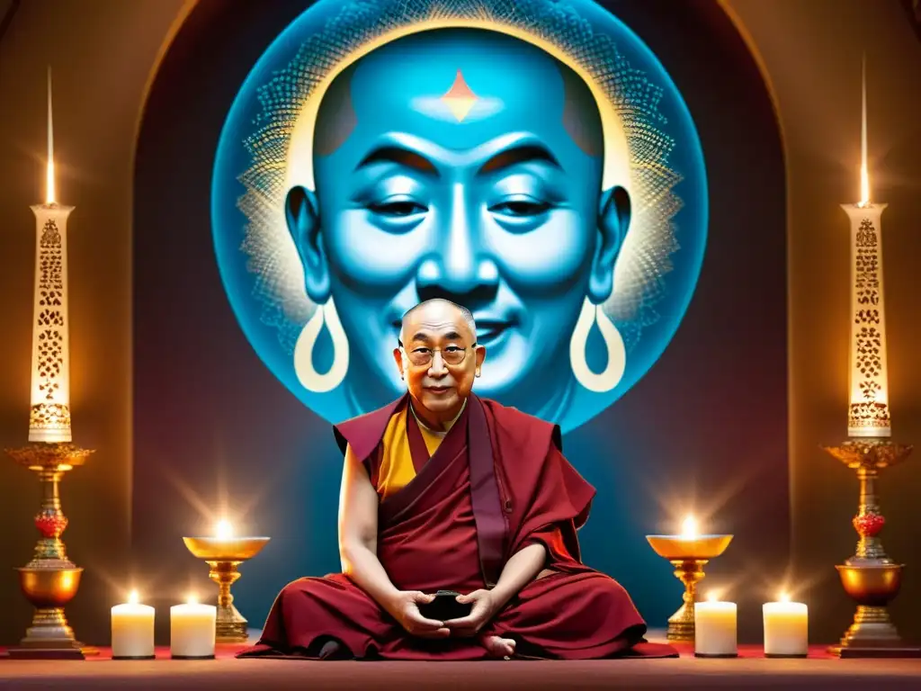 El Dalai Lama embajador paz medita en un ambiente sereno, iluminado por velas y símbolos religiosos, irradiando sabiduría y tranquilidad