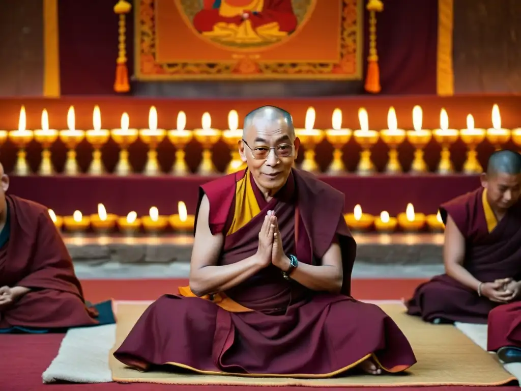 El Dalai Lama, embajador de paz, irradia sabiduría y compasión en un monasterio tibetano, rodeado de lámparas de mantequilla