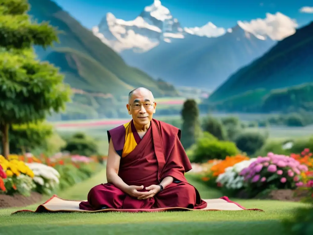 El Dalai Lama embajador paz medita en un jardín sereno, rodeado de flores vibrantes y montañas distantes