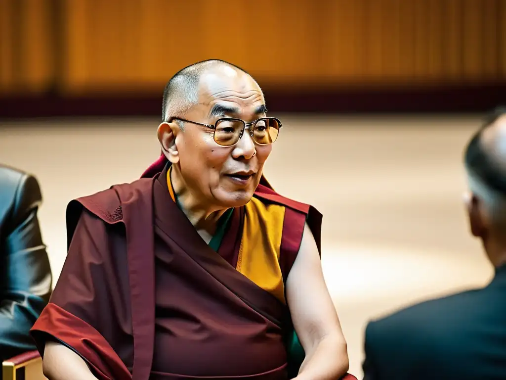 El Dalai Lama, embajador de paz, conversa con líderes religiosos en un ambiente de unidad y respeto mutuo, iluminado por luz natural