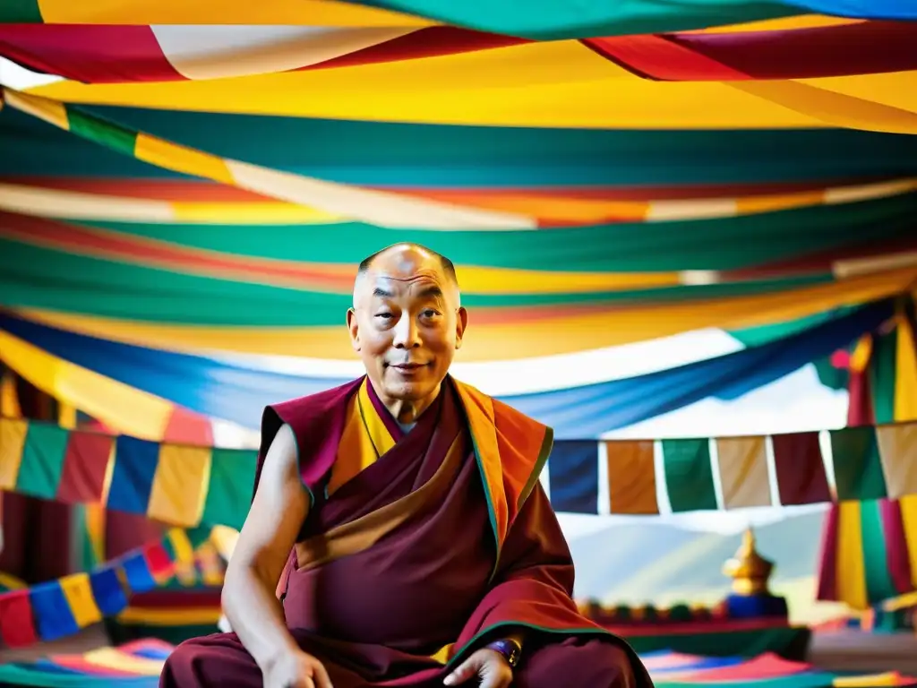 El Dalai Lama, embajador de paz, medita en un monasterio tibetano, rodeado de banderas de oración coloridas y una atmósfera serena