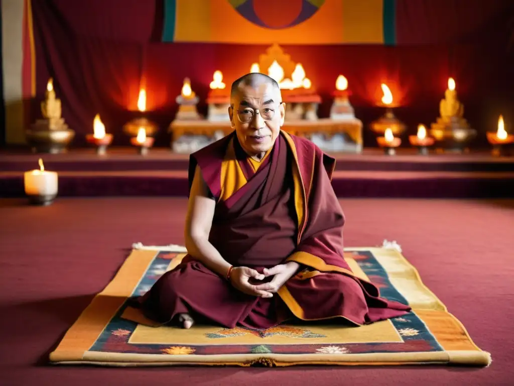 El Dalai Lama, embajador de paz, se sienta en un tapete tibetano rodeado de seguidores en una habitación serena con lámparas de mantequilla