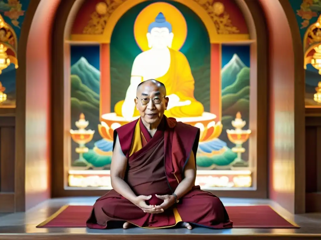 El Dalai Lama, embajador de paz, medita en un templo iluminado por luz suave, transmitiendo serenidad y sabiduría atemporal