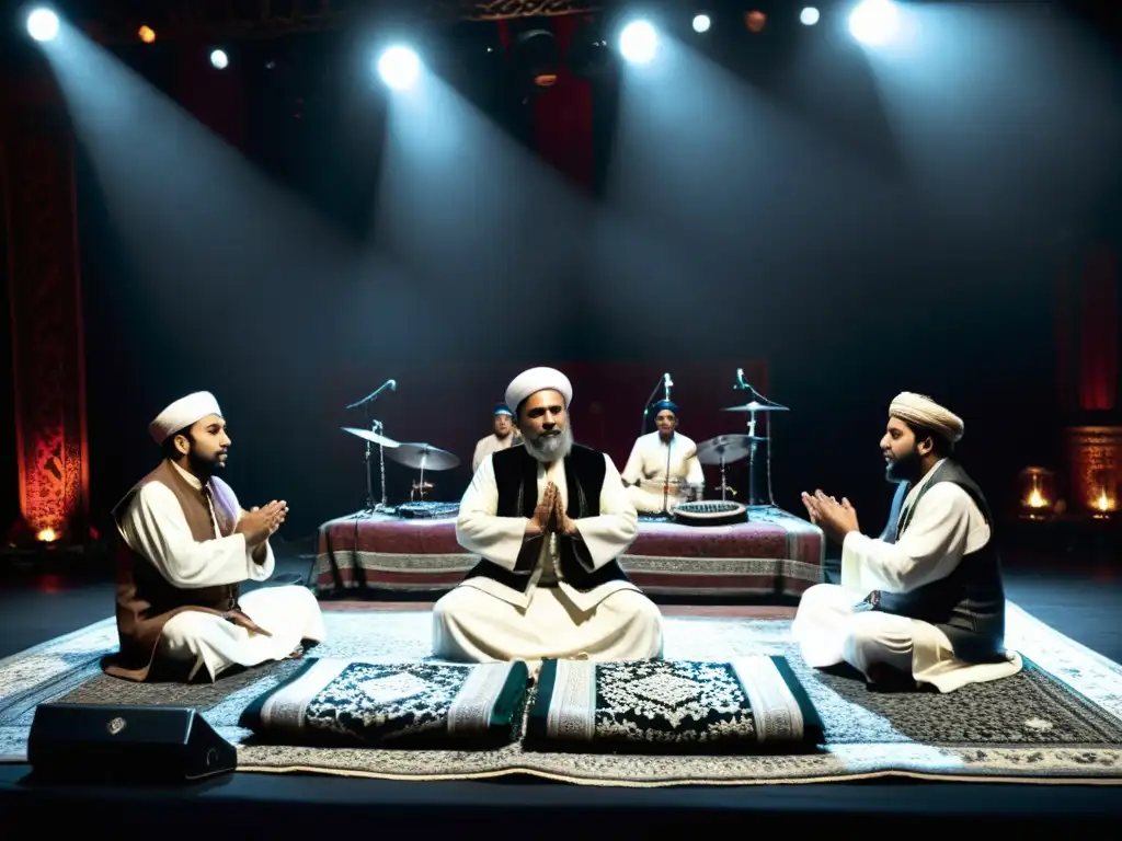 Emocionante actuación de Qawwali en blanco y negro, evocando el éxtasis sufí de la música sur asiática