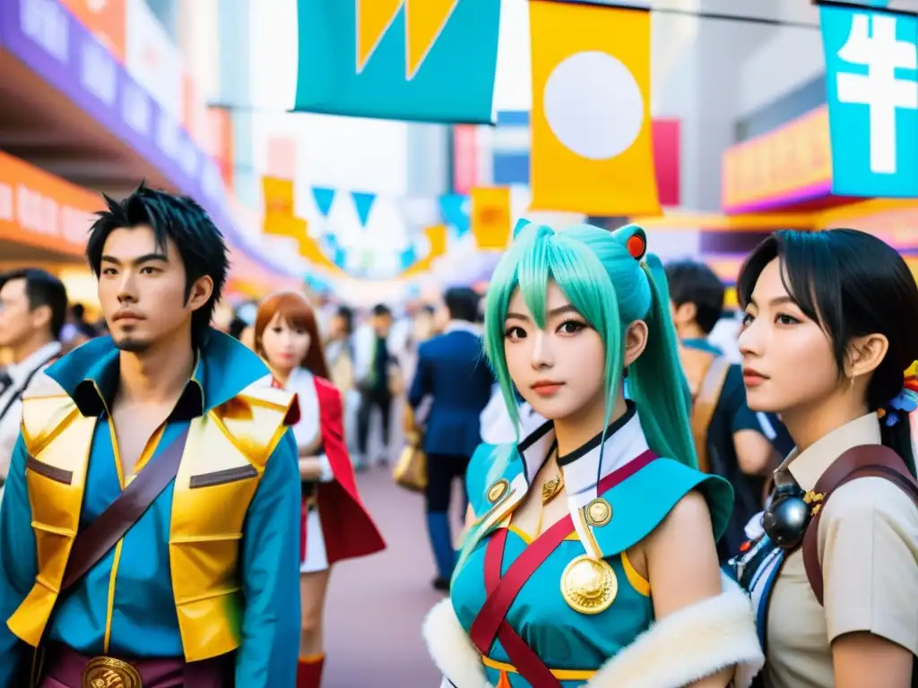 Un emocionante anime convention en la ciudad occidental, con una mezcla vibrante de cosplay y arte que refleja la influencia occidental en el anime