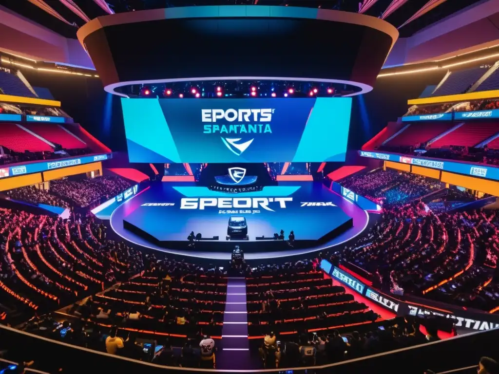 Una emocionante arena de eSports en Asia, con equipos compitiendo en un escenario mientras los fans agitan pancartas y animan