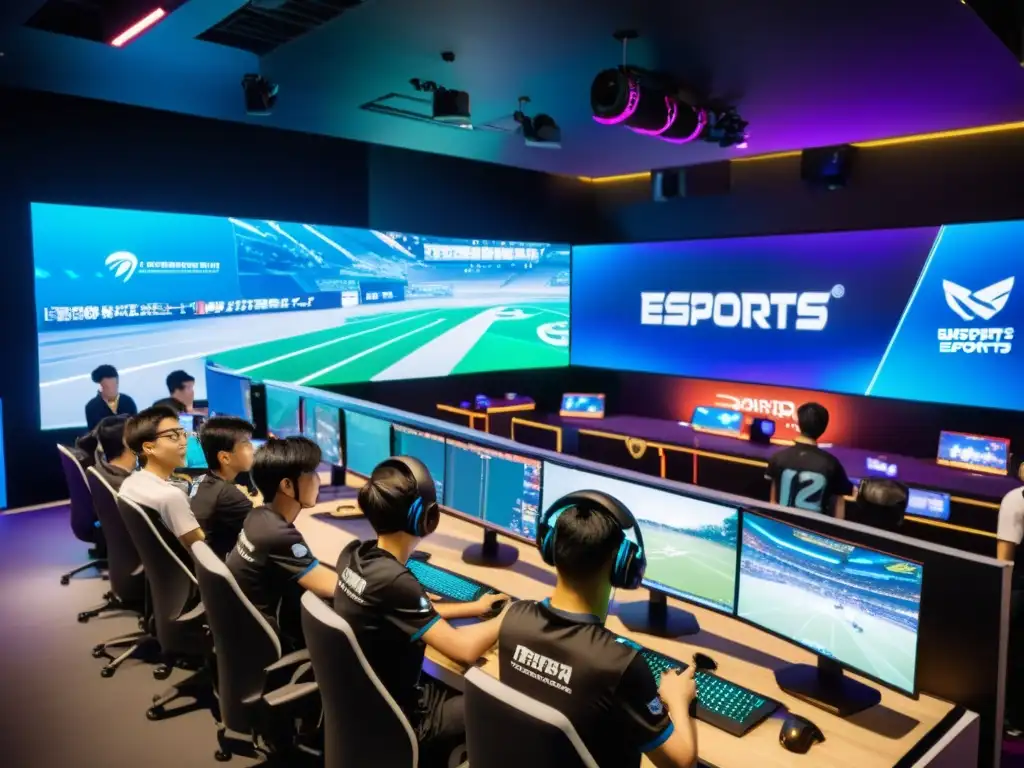 'Una emocionante arena de esports en Asia, con estudiantes compitiendo y colaborando en videojuegos