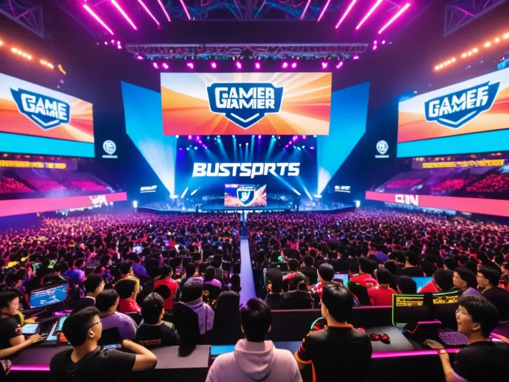 Una emocionante arena de eSports en Asia, con fanáticos animados y vibrantes luces de neón