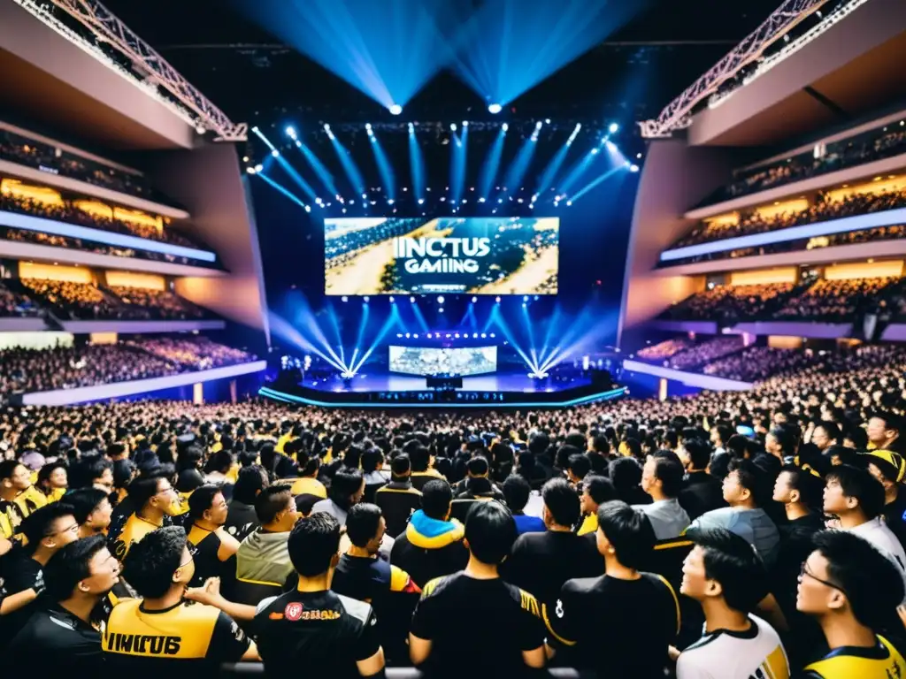 Emocionante arena de eSports en Asia con fans entusiastas y equipo Invictus Gaming en acción