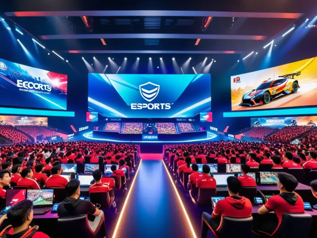 'Una emocionante arena de eSports en Vietnam, con jugadores concentrados, pantallas LED coloridas y espectadores entusiastas