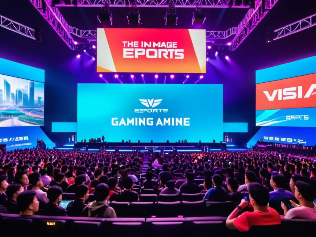 Espectáculo de eSports en Asia: emoción y energía Una emocionante arena de eSports en Asia con luces de neón y un gran partido