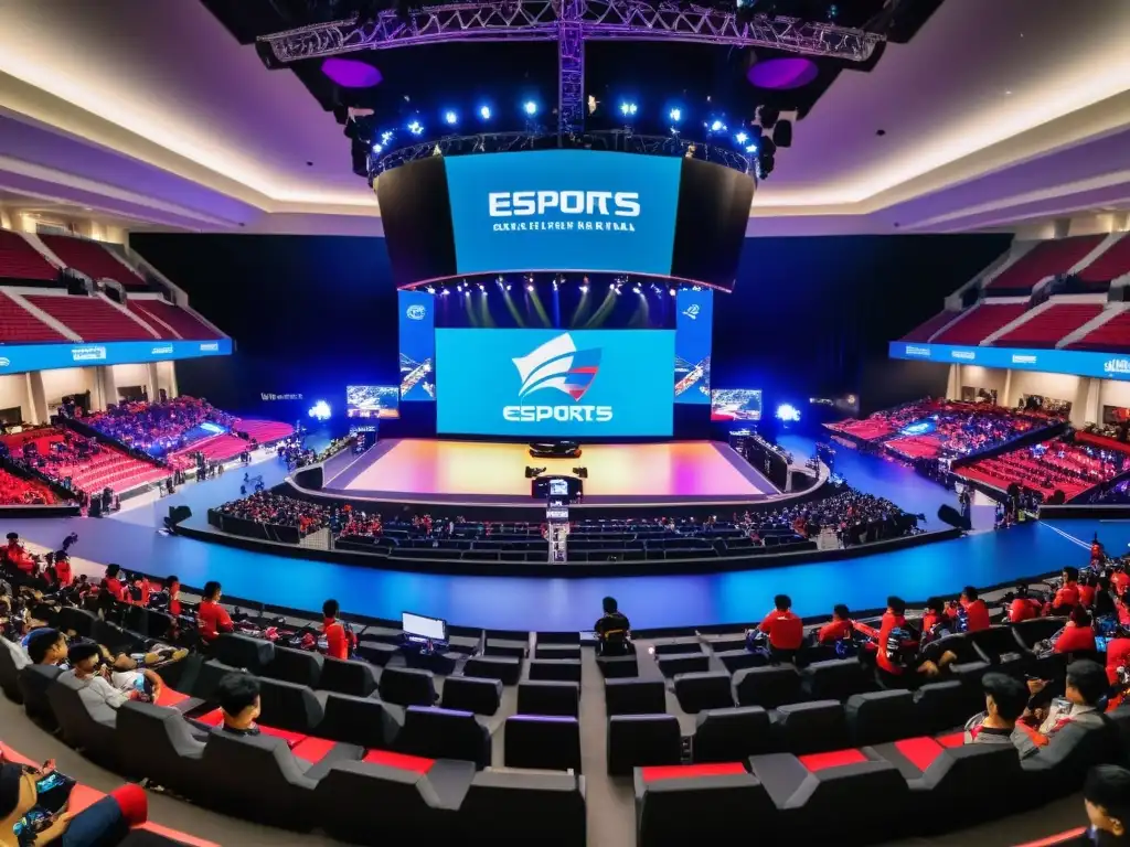 Una emocionante arena de eSports en Manila, llena de pasión y orgullo nacional, reflejando la unidad nacional a través de los eSports