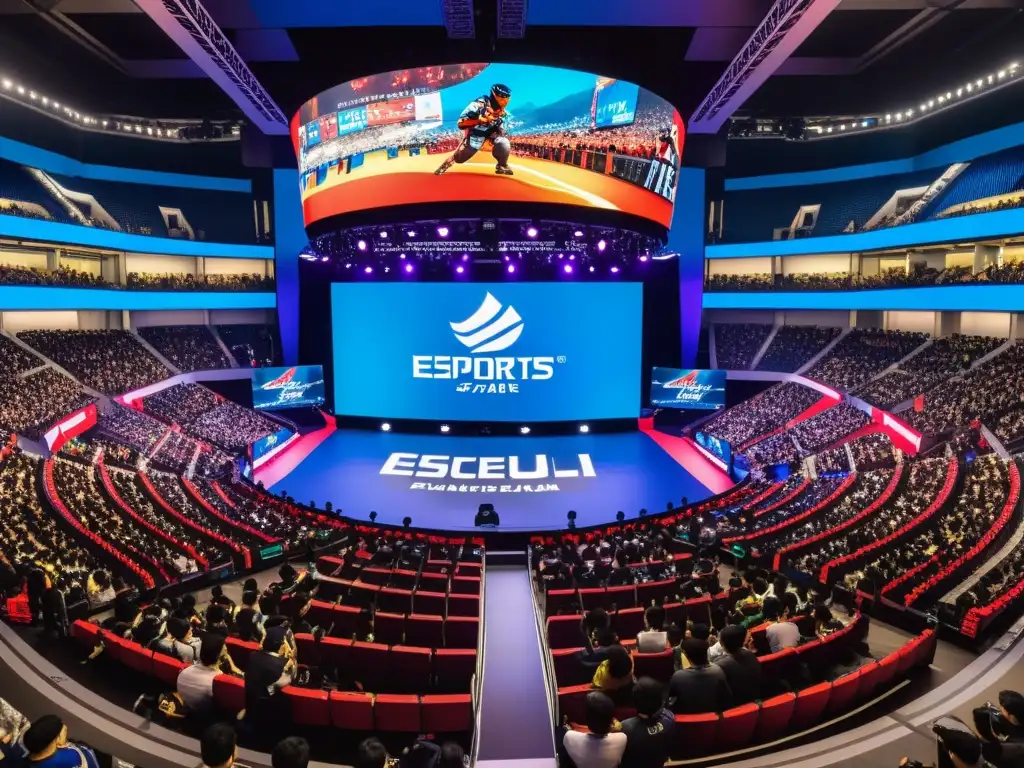 Una emocionante arena de eSports en Seúl, Asia, rebosante de energía y pasión, con jugadores en acción y una multitud entregada