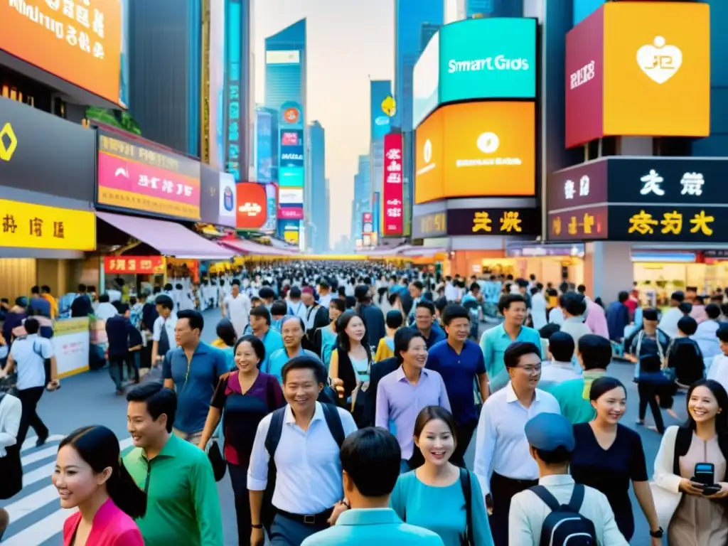 Una emocionante calle asiática llena de vida y color, donde las personas usan diversos gadgets portátiles para monitorización de la salud