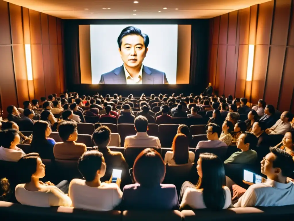 Emocionante difusión cine asiático festivales internacionales: Sala oscura, público impactado por escena visualmente poderosa en pantalla grande