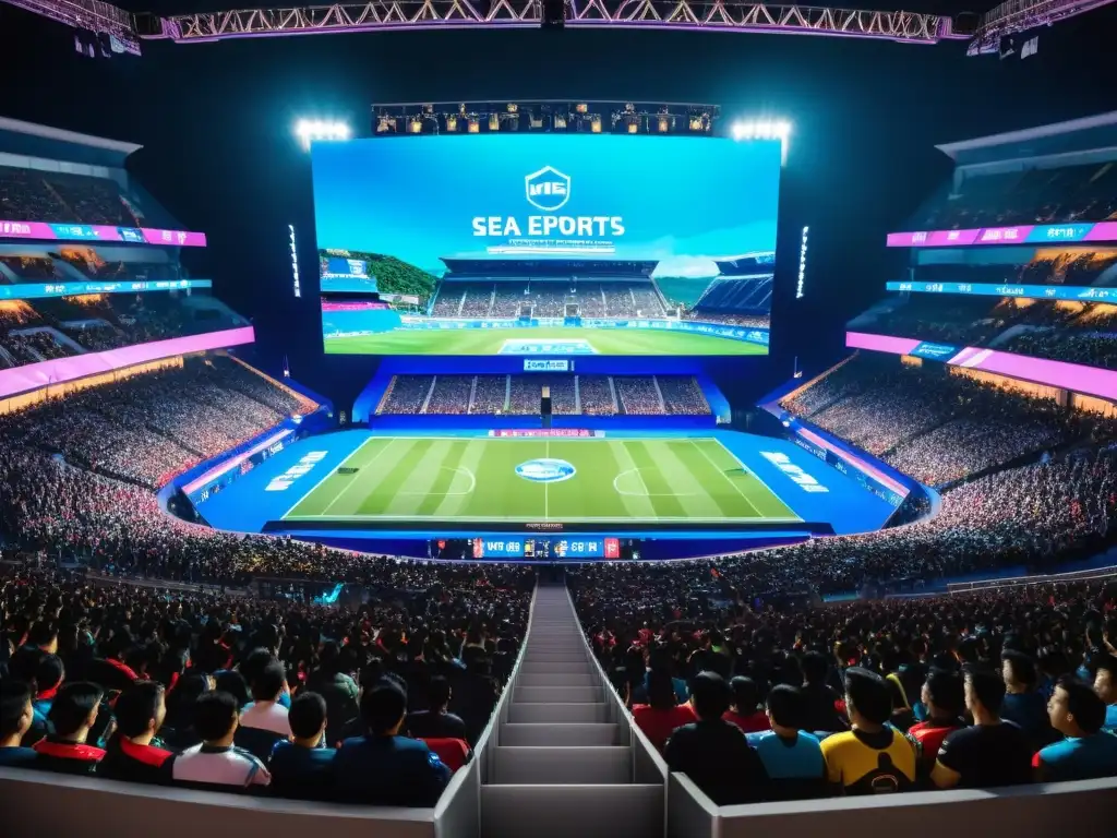 Una emocionante competencia de eSports asiáticos llena de energía en un estadio repleto de fans entusiastas