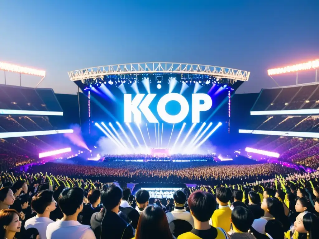 Un emocionante concierto de KPop con fans entusiastas, luces brillantes y un grupo en el escenario