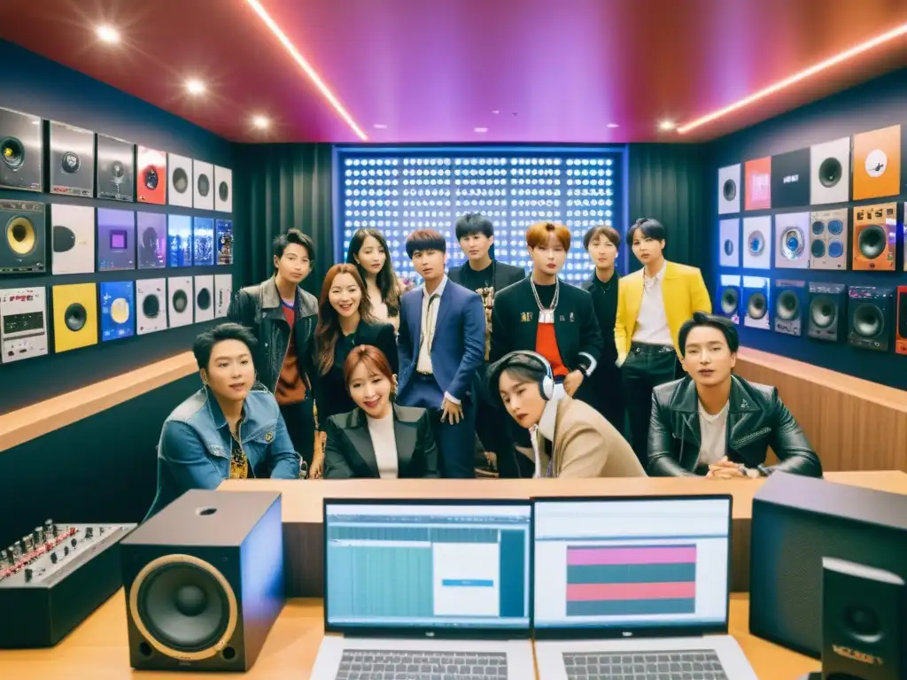 Un emocionante encuentro de artistas KPop y occidentales en un estudio, reflejando la vibrante energía de colaboraciones artísticas globales