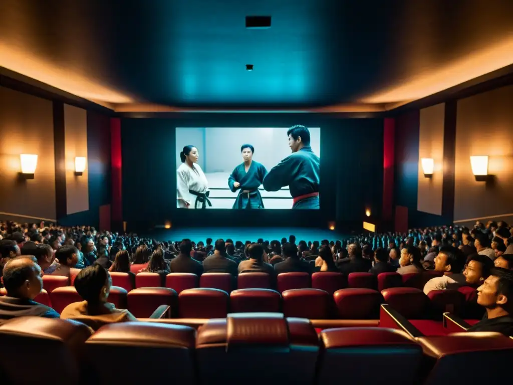 Una emocionante escena de lucha de artes marciales en el cine, con una audiencia cautivada por la intensidad