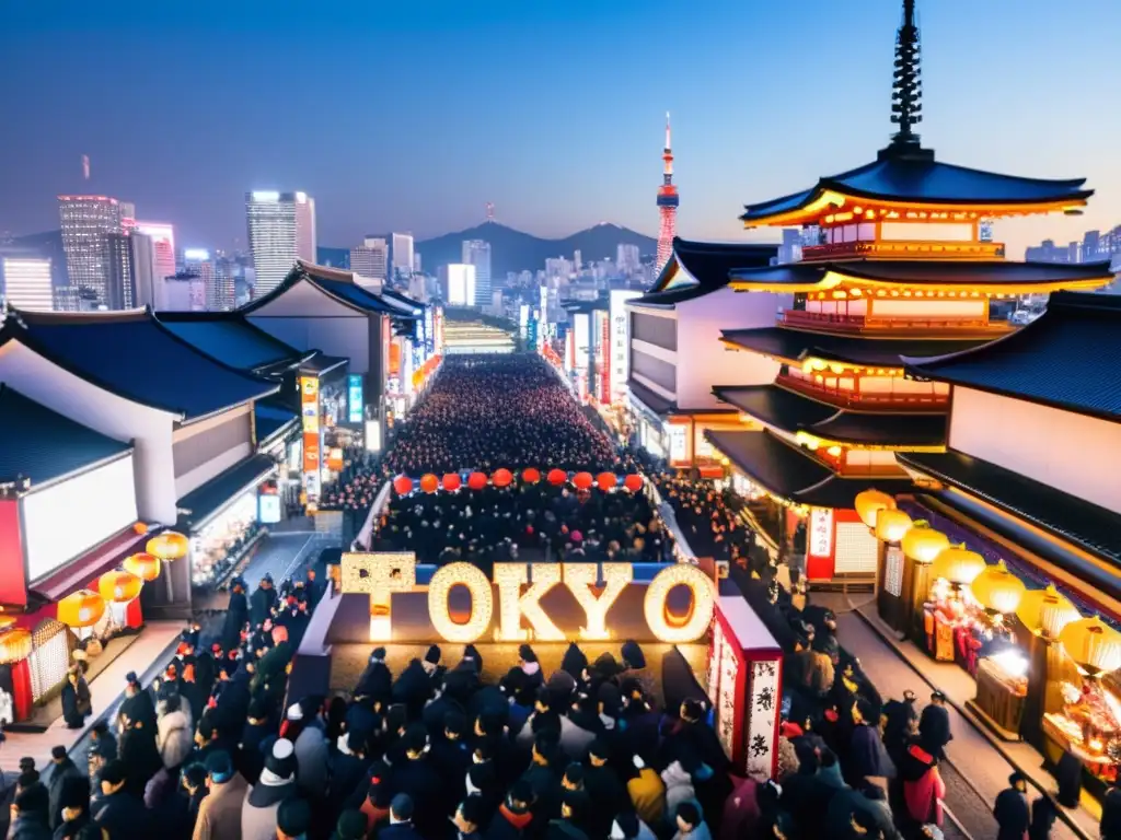 Un emocionante escenario nocturno de las animadas calles de Tokio en Nochevieja, con rituales japoneses tradicionales