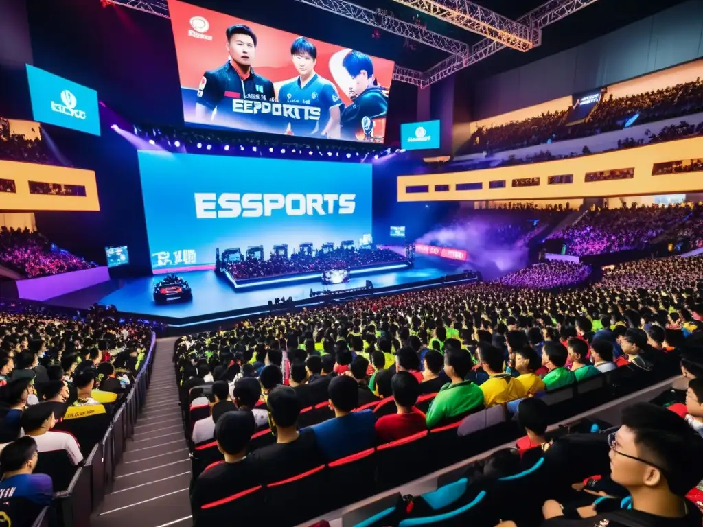 Emocionante estadio de eSports en Asia, con los mejores jugadores de eSports asiáticos compitiendo bajo luces neón y el apoyo apasionado de la multitud