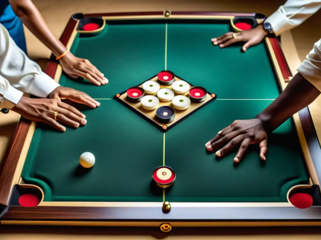 Un emocionante juego de carrom que muestra destrezas y estrategias del carrom mientras los jugadores se concentran en sus movimientos en el tablero