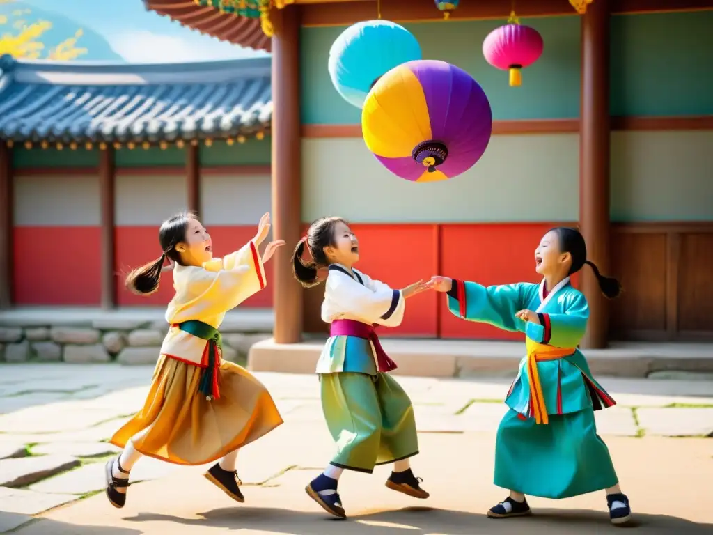 Un emocionante juego tradicional coreano Ttakji en un patio lleno de niños compitiendo, con piezas coloridas volando por el aire