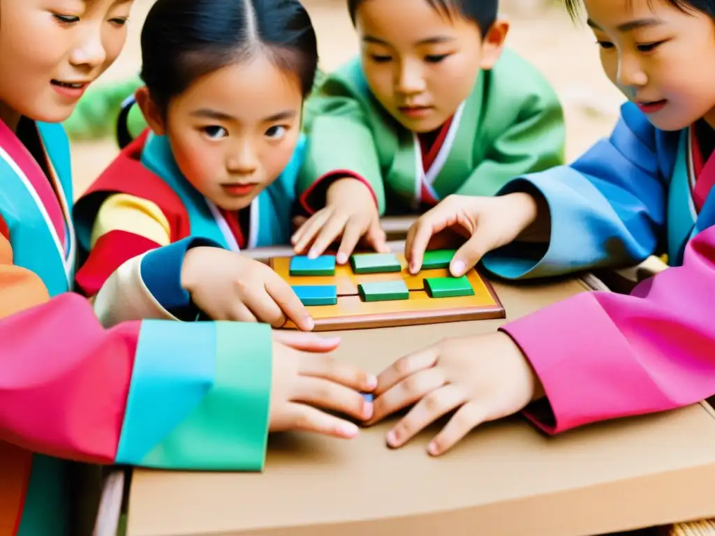 Un emocionante juego tradicional coreano Ttakji en una pintoresca aldea, con niños concentrados jugando con coloridos cartones