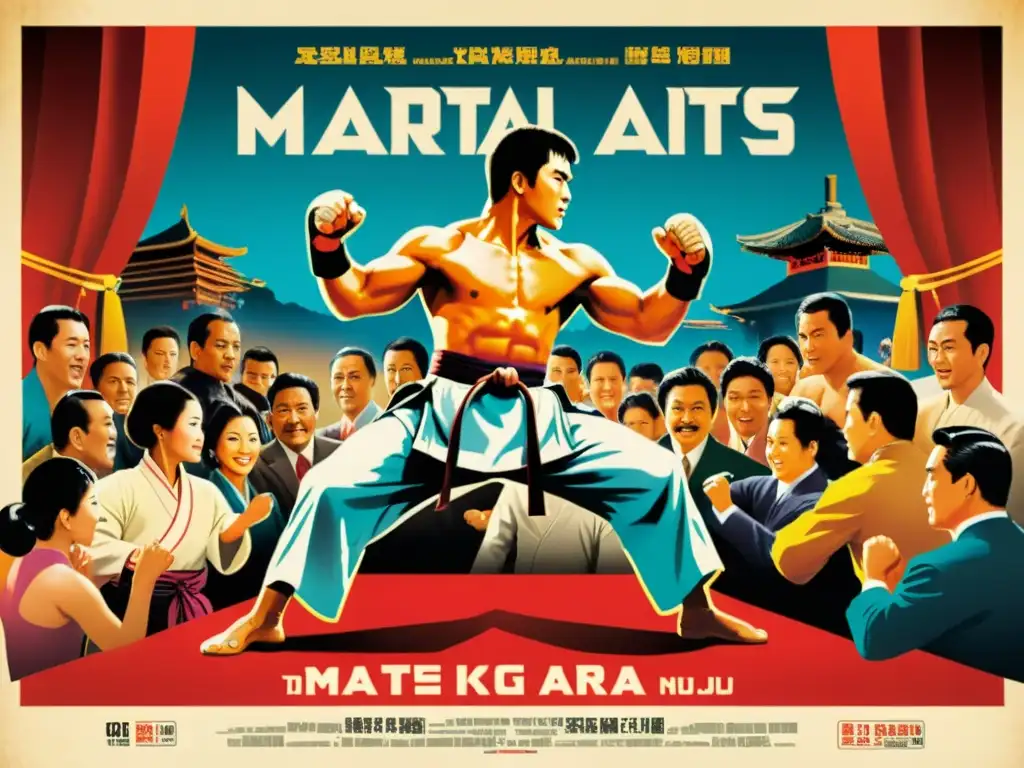 Un emocionante póster de película de artes marciales en un bullicioso cine asiático, capturando el impacto del cine de artes marciales en Asia