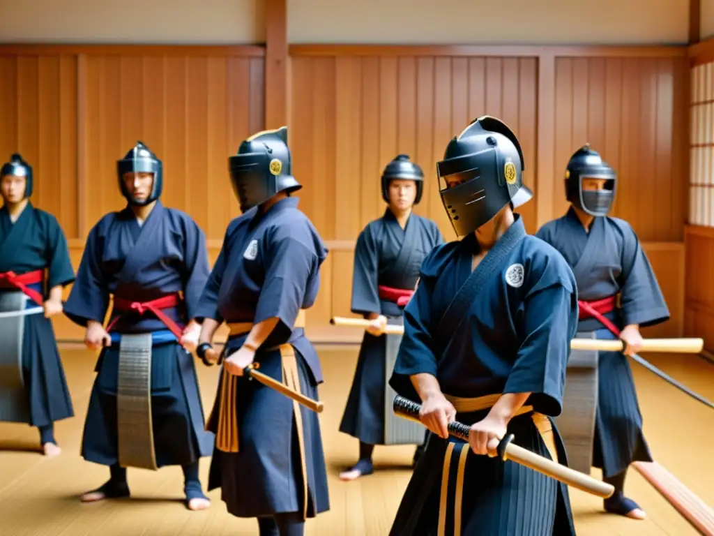 Una emocionante sesión de entrenamiento de kendo en un dojo tradicional japonés, reflejando la importancia del kendo en la cultura asiática