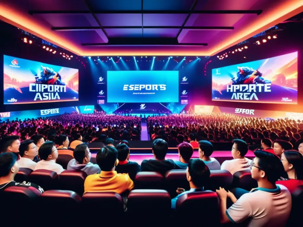 Intensa competencia en el vibrante escenario de eSports en Asia Emocionante torneo de eSports en Asia, con luces de neón vibrantes iluminando el escenario y fanáticos animando a sus equipos favoritos