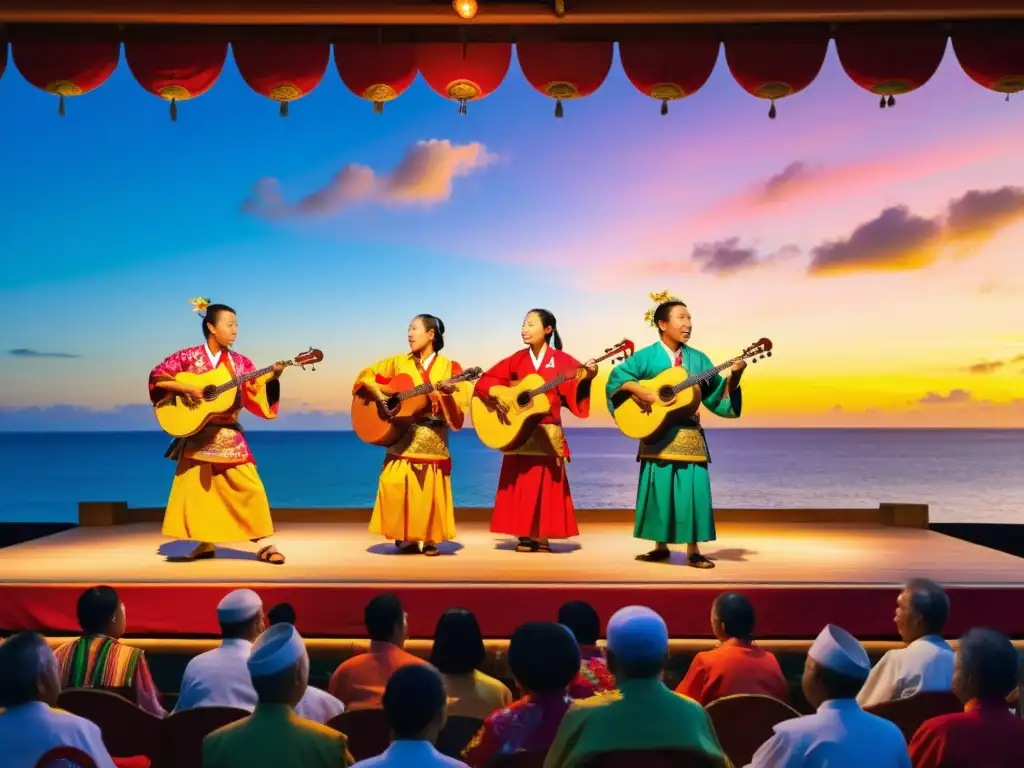 Emotiva presentación de músicos tradicionales de Okinawa en un escenario, con trajes y decoraciones coloridas