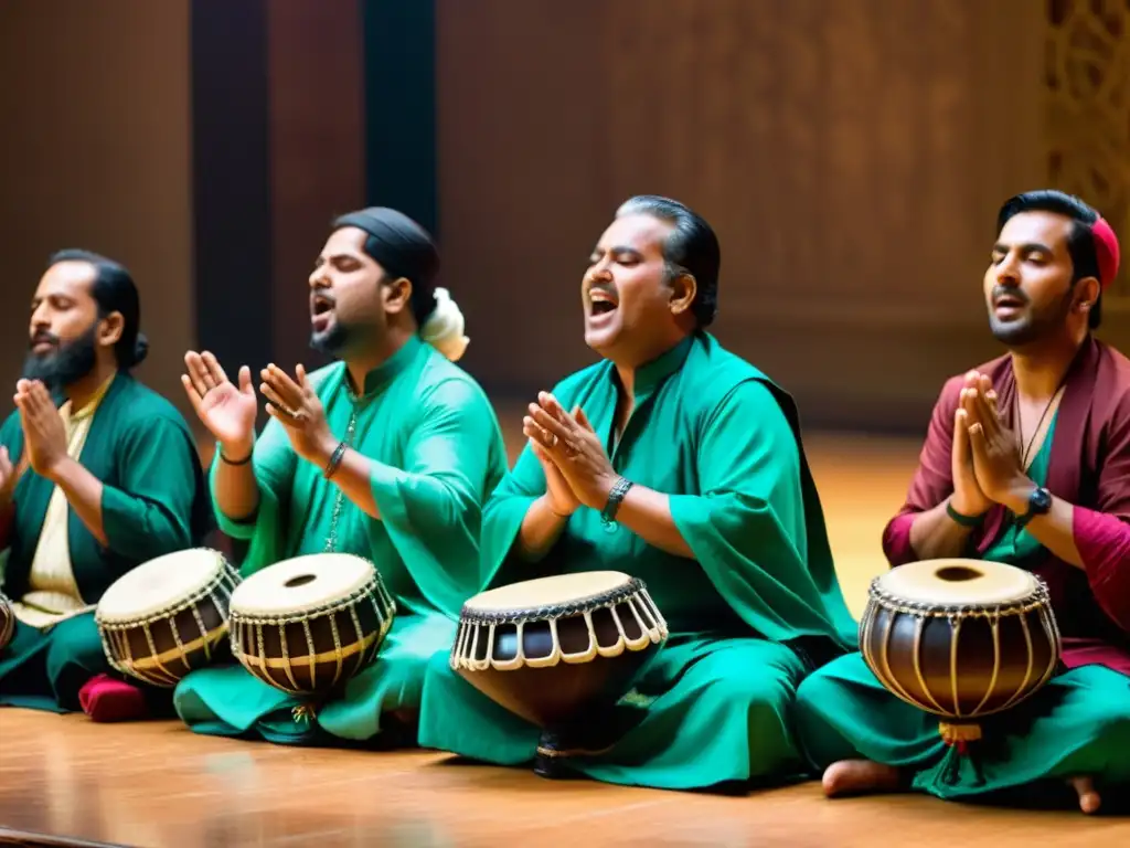 Un emotivo concierto de música sufí en Sur de Asia, con músicos y cantantes en trajes tradicionales, sumidos en un éxtasis espiritual