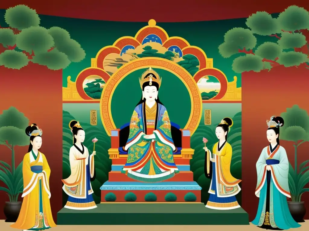 Emperatriz Wu Zetian gobernante China, mural detallado de la opulencia y la riqueza cultural de la dinastía Tang, exudando poder y sabiduría