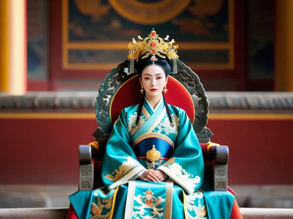 Emperatriz Wu Zetian gobernante China en trono del palacio de la Ciudad Prohibida, rodeada de opulencia y poderío Tang