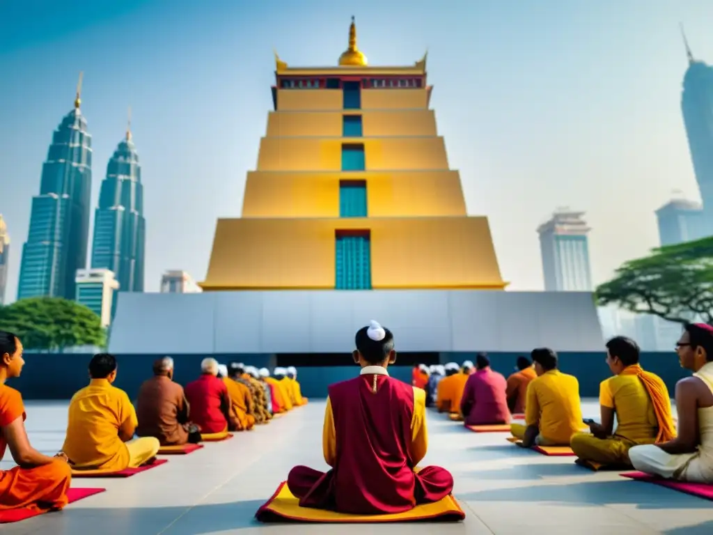 Encuentros entre Jainismo y Ciencia: Devotos en templo moderno entre rascacielos, combinando tradición y tecnología