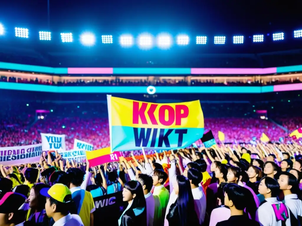 La energía del Kpop en eventos globales se hace evidente en la imagen de un estadio lleno de fans entusiastas y un grupo enérgico en el escenario