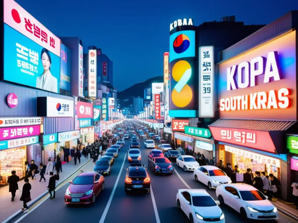 La energía nocturna de una bulliciosa calle surcoreana llena de letreros de neón que anuncian KDramas y artistas de KPop