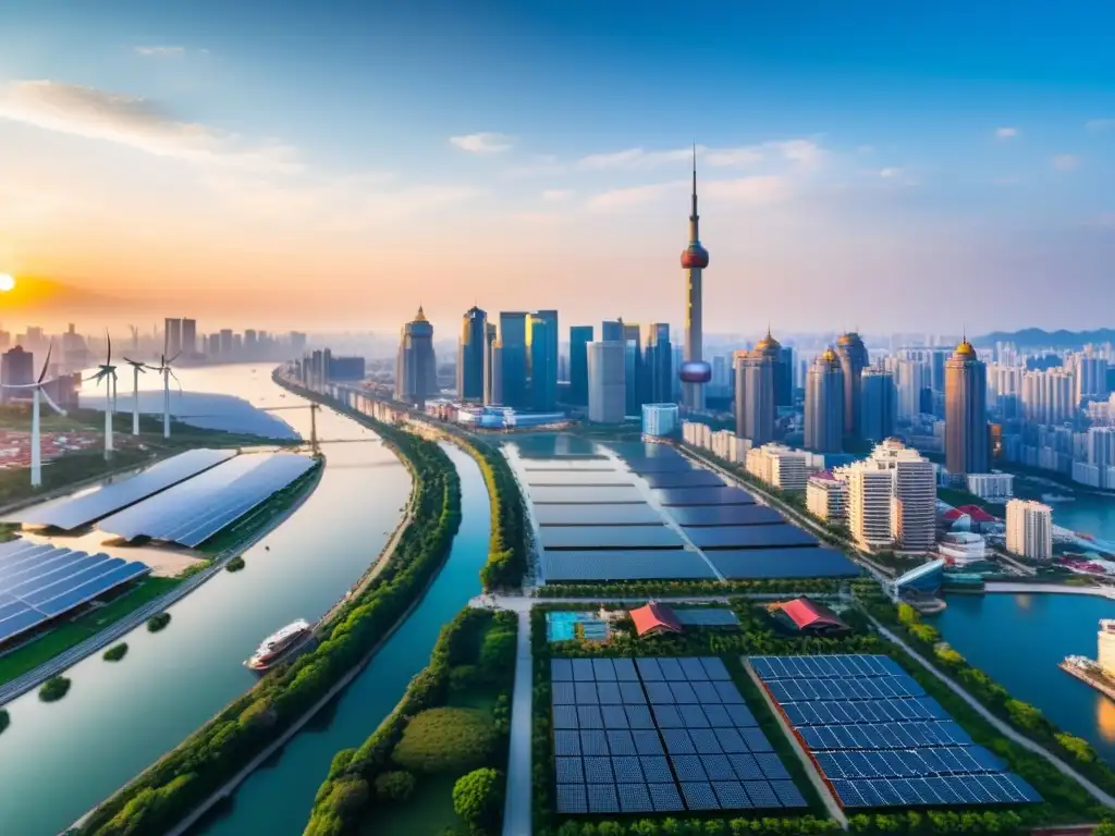 Invertir en energías renovables en Asia: una ciudad asiática bulliciosa con templos tradicionales, rascacielos modernos, paneles solares y molinos de viento, reflejando la coexistencia de cultura antigua y tecnología renovable