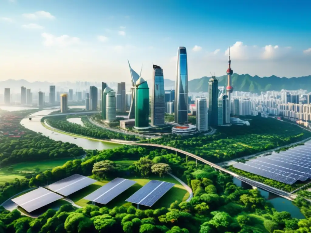 Invertir en energías renovables en Asia: Una metrópolis bulliciosa con rascacielos modernos y energía renovable integrada en su paisaje urbano