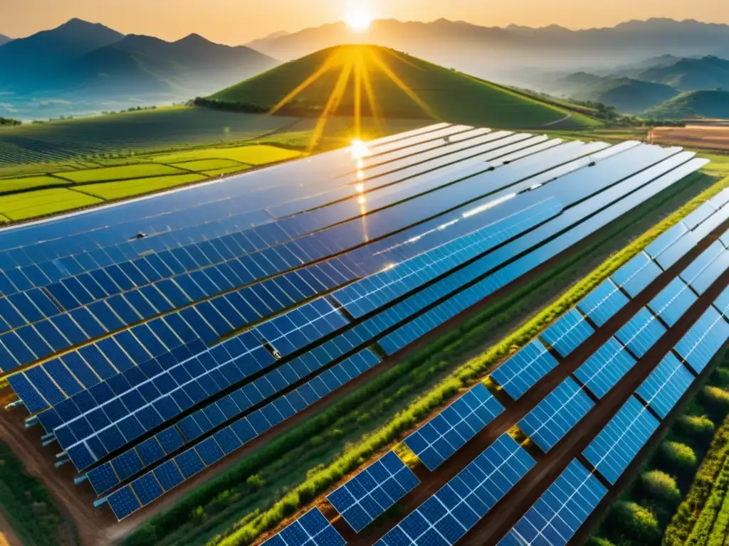 Invertir en energías renovables en Asia: Panorámica de una granja solar en armonía con la naturaleza, irradiando progreso y un futuro sostenible