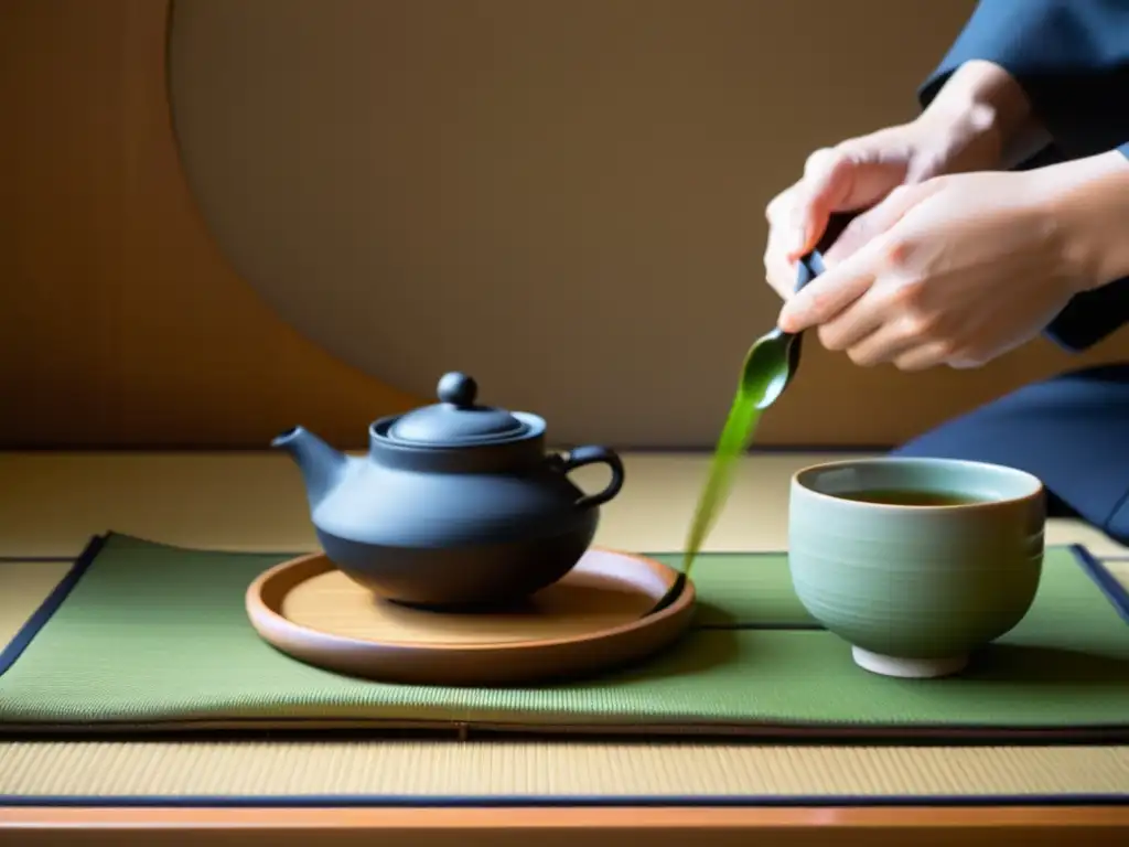 Enfoque cercano de una ceremonia del té japonesa que transmite la calma y la elegancia del estilo minimalista asiático