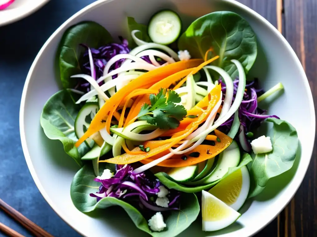 Una ensalada asiática saludable y vibrante con ingredientes frescos y coloridos en un cuenco de cerámica blanco sobre una mesa de madera oscura