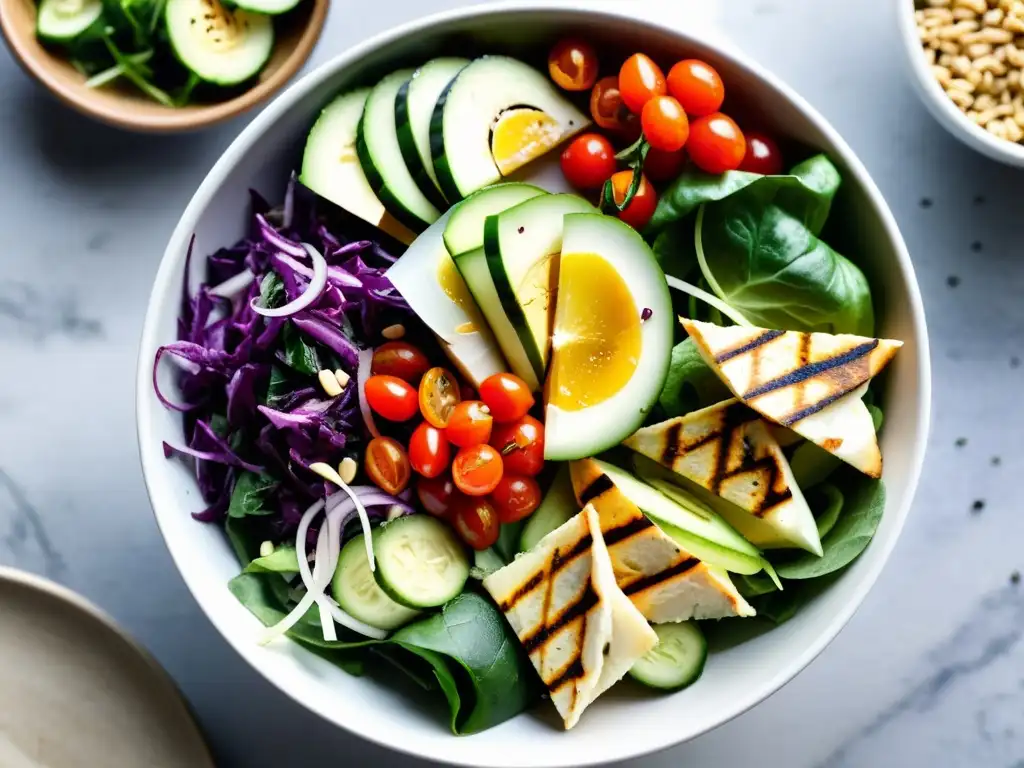 Una ensalada vibrante y colorida con ingredientes frescos y crujientes, tofu marinado y aderezo de sésamo y jengibre